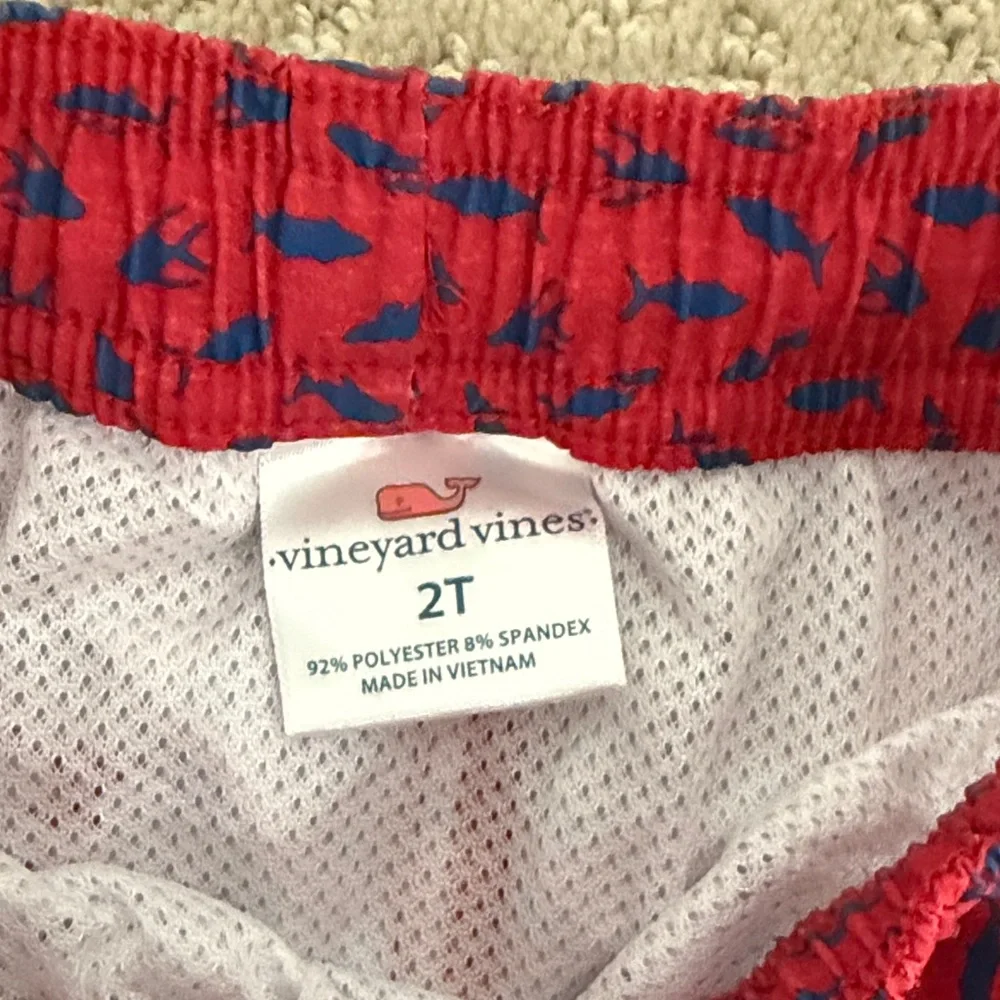 Vineyard Vines Red Swim Shorts with Blue Fish Print